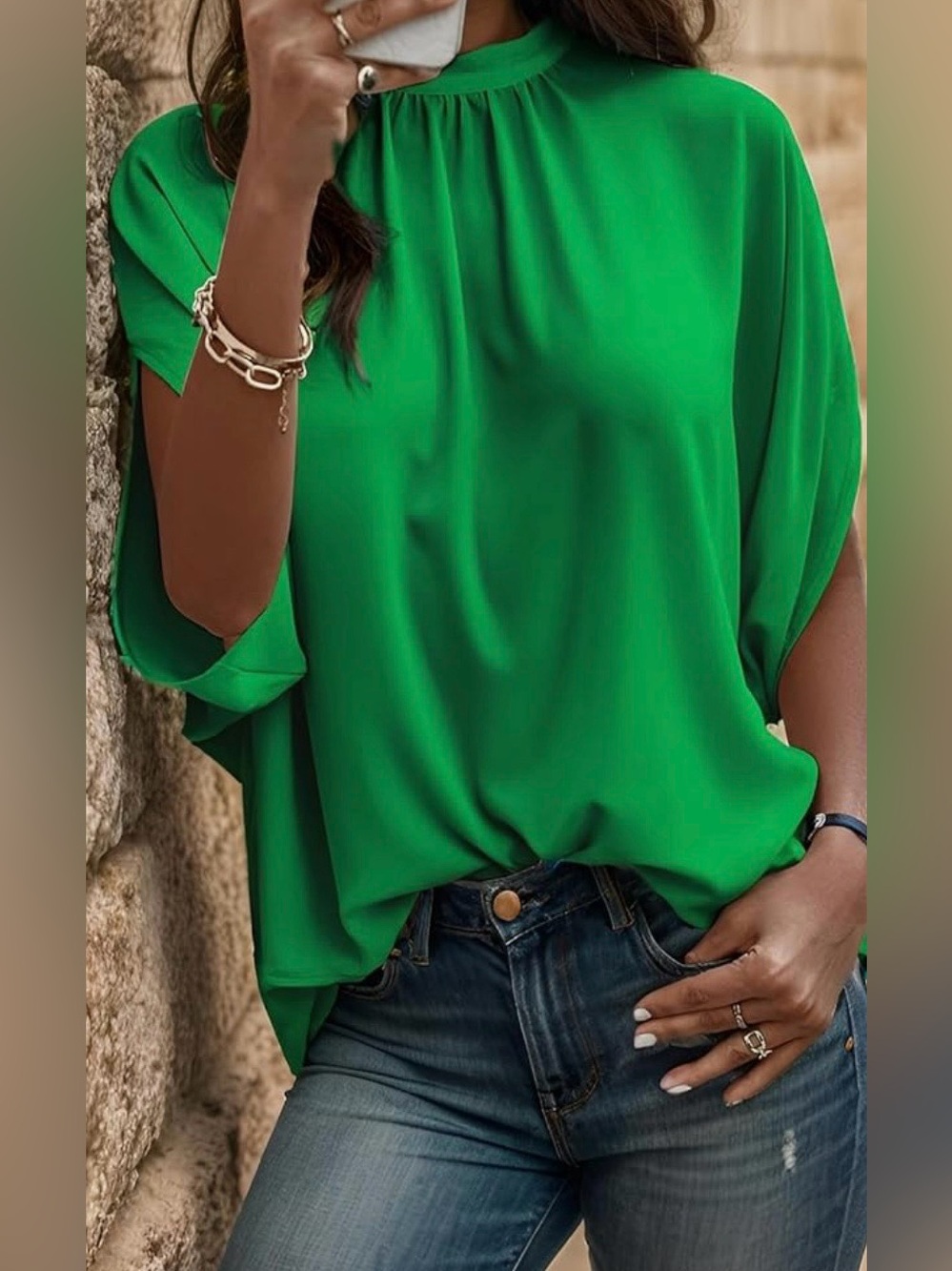Green Women's Blouse - Elegant High-Low Hem